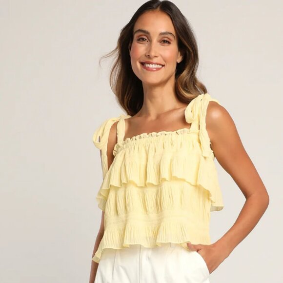 Lulu's Tiers to Summer Yellow Tie-Strap Tiered Tank Top - Yellow Size M - Picture 1 of 5